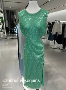 ZARA ABITO MIDI VERDE MARE PAILLETTES RITAGLIATO TAGLIA S VITA 26" Y411 - Foto 1 di 12