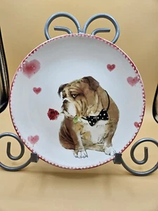 Pier 1 Bulldog Valentine's Day Plate 8.75", Ironstone, Hearts, Dog - Picture 1 of 4