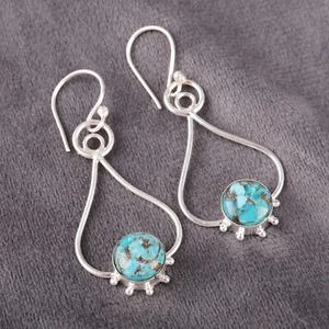 Copper Turquoise Gemstone Dangle Earrings 925 Sterling Silver Handmade Jewelry - Picture 1 of 5