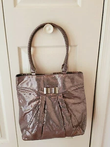 ELLE COPPER TONE METALLIC FAUX SHIMMER SNAKESKIN PRINT W/ METAL BOW TOTE PURSE - Picture 1 of 7