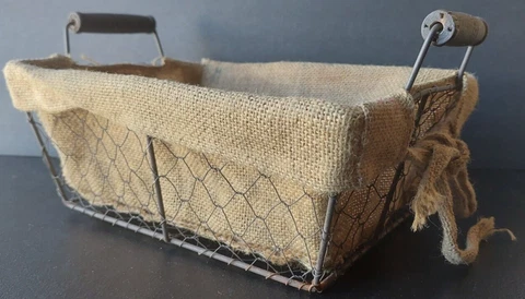 VINTAGE WOOD HANDLED, CHICKEN WIRE OVER METAL BASKET. BURLAP LINING. 11 X 7 1/2 Cover