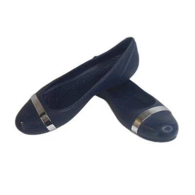 CROCS Azul Marino Plata Espejo Puntera Sin Cordones Ballet Talla Plana W8 Foto 1 de 4