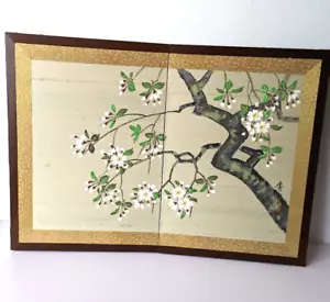 Marco de bambú plegable original de colección con flor de seda japonesa firmado - Imagen 1 de 16