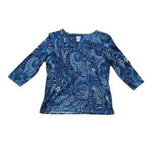 Chicos Travelers Top Women’s 1 Small Paisley Blue Stretch 3/4 Sleeve Pullover - Picture 1 of 8