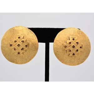 Vintage Clip On Earrings Round Antiqued Brushed Gold Matte Chunky NOS 80s BinAY - Picture 1 of 12