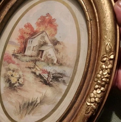 Vintage Small Oval Cottage Print, Gold Floral Frame, Homco Country Farmhouse - Image 1 of 4