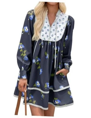  Mini Vestido Floral Informal Para Mujer 2025 Otoño Manga Larga Cuello en V Mediano Azul Marino Foto 1 de 4