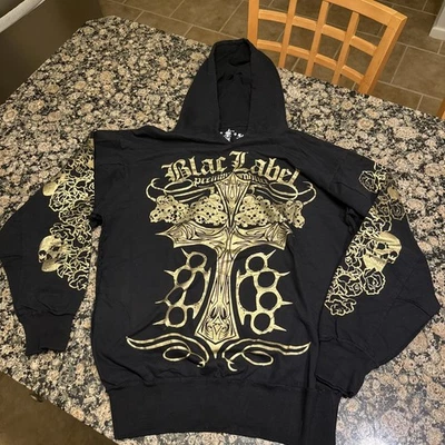 Винтажная мужская толстовка с капюшоном Y2K Blac Label Gold XL с черными черепами суперредкая и красивая! - Изображение 1 из 4
