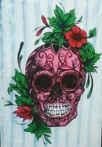 Colourful Wall Hanging Brush Paint Flower Skull Home & Office Decor Tapestry Art - Picture 1 of 2