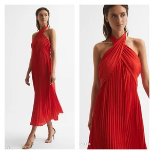 Reiss Roya Red Halter Neck Pleated Midi Cocktail Dress Womens 10 Cocktail - Picture 1 of 10