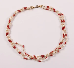 Kette Collier echte Perlen und Koralle und goldene Kugeln Länge 46cm - Bild 1 von 6