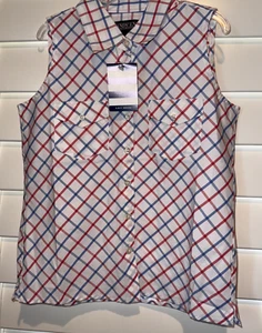 NWT Lands End Patriotic Red White & Blue Sleeveless Checkered Shirt Blouse Top 7 - Picture 1 of 4