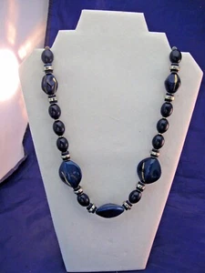 VINTAGE LONG NECKLACE WITH VARIOUS SIZES OF BLUE GLASS OR CERAMIC BEADS - Picture 1 of 6