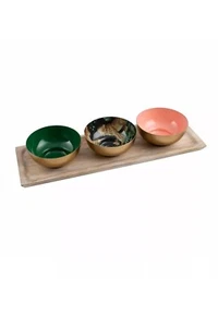 Thirstystone Leopard Set of 3 Brass Condiment 12 oz Bowls with Mango Wood Tray - Picture 1 of 7