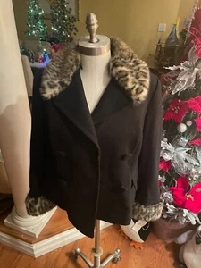 INC Cheetah Faux Fur Md/Pet. Wool Blend Button Jacket Coat Removable Collar - Picture 1 of 7