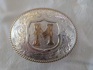 Cowboy Cowgirl Letter M Rodeo Western Gold Silver Oval Belt Buckle Excellent  - Picture 1 of 4