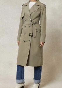Neu neu neuwertig Samt Luxus zweireihiger Trenchcoat UK 8 khakigrüne Baumwollmischung - Bild 1 von 15