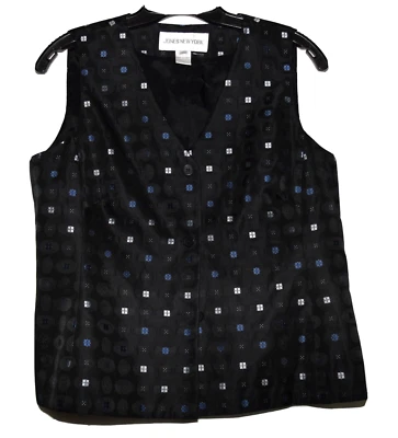 Jones New York Black with Blue Silver Squares Silk Satin Button Vest Size 10 - Image 1 of 4