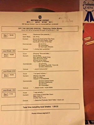 RADIO SHOW 12/2/91 OFF THE RECORD w/MARY TURNER HOSTING EDDIE MONEY IN STUDIO - Image 1 of 2