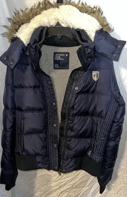 Nice! American Eagle Blue Puffer Jacket Ladies Sz Large Faux Fur Detachable Hood — 第 1/4 张图片