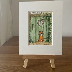 Aceo Original Painting By Toni Ginger cat sat by the cottage door . - Picture 1 of 1