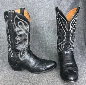 VTG Tony Lama Boots Ostrich Leg Mens 8.5 D Western Exotic Cowboy Black Dress - Picture 1 of 19