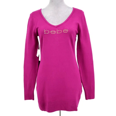 Bebe Sweater Womens XL Pink Sequins Stretch Knit Tunic V-neck Open Back New - Image 1 of 4