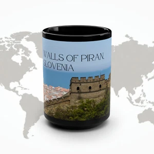 Piran Eslovenia Taza Café Latte Grande 15oz Brillante Castillo Europa Original NUEVO - Imagen 1 de 5