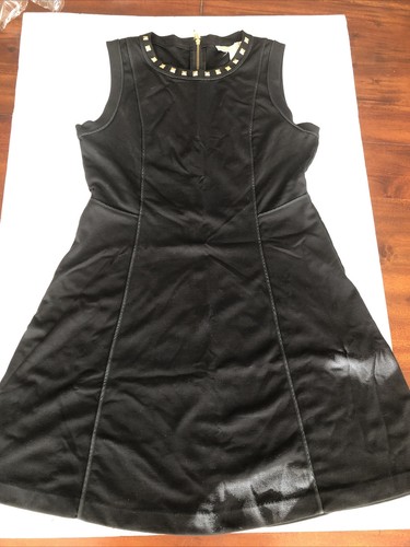 Abito Michael Kors taglia 12 nero aderente svasato senza maniche scollo borchie oro