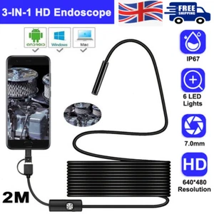 USB IP67 Endoscope Snake Inspect Borescope Camera for Android 3-IN-1 7.0mm 2M UK - Picture 1 of 14
