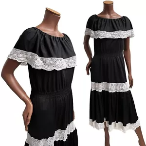 Vintage 70's Bardot Vestido Negro Encaje Recortar 12 14 Campesino Apagado Hombro - Imagen 1 de 6