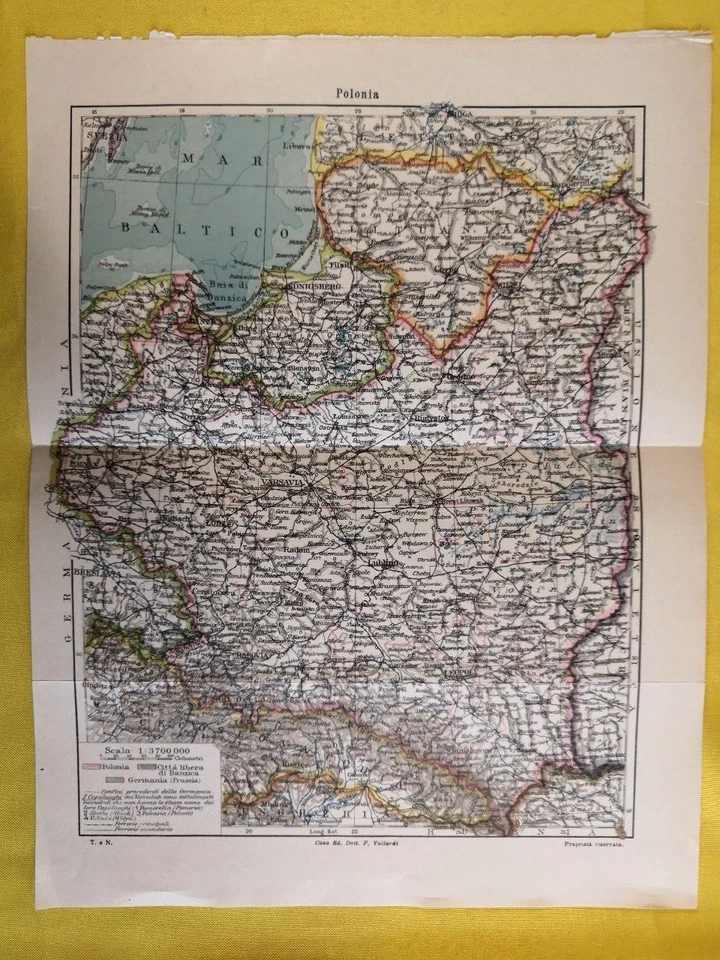 1924 POLAND Vintage Large Geographical Map ORIG Italian 12.5 x 10.5" C13-1 - Image 1 of 3