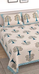 Flower Print King Size Bedsheet, Cotton Handmade Bedsheet Set With 2 Pillowcases - Picture 1 of 3