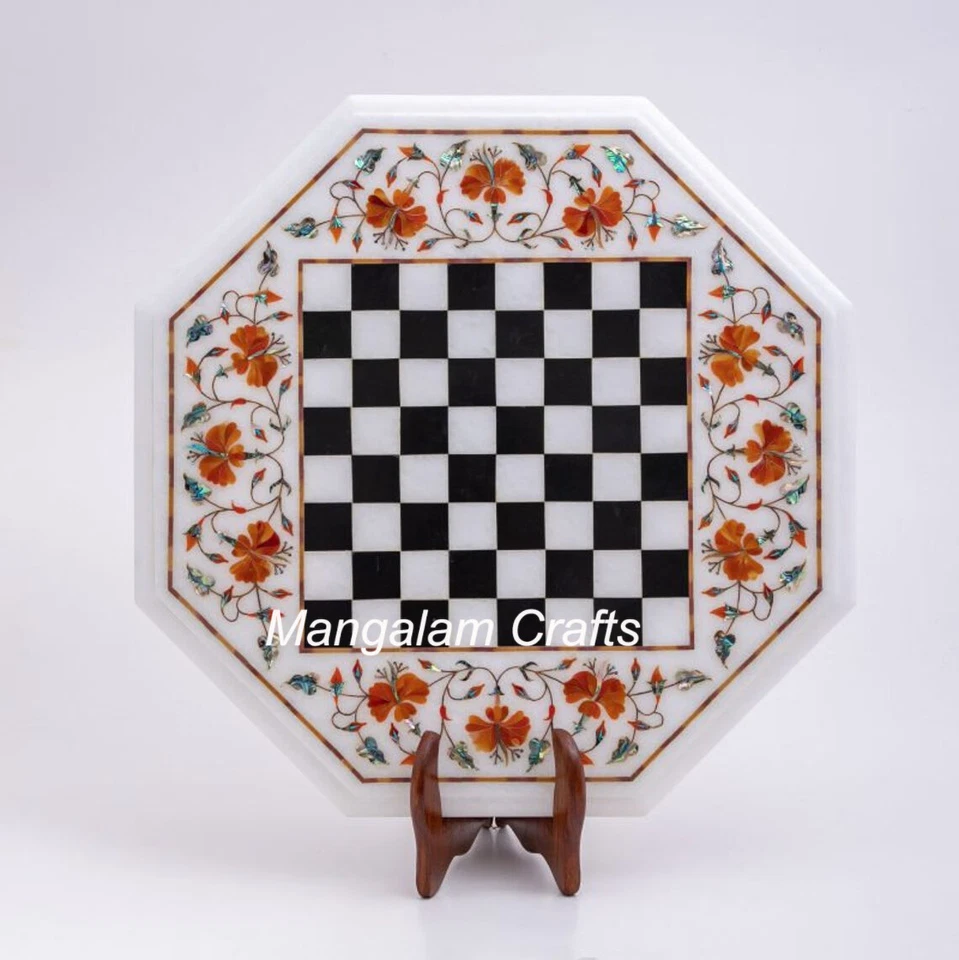 18" Marble Chess Table Top Natural Semi precious stones floral Inlay - Image 1 of 1