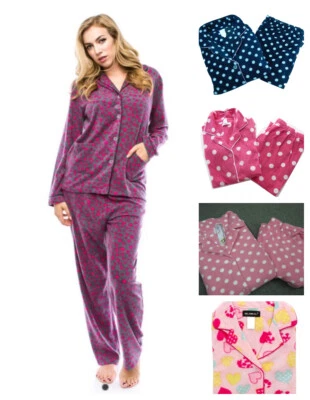 ЖЕНЩИН 2 ИЗДЕЛИЯ КОМПЛЕКТ ТЕПЛЫЙ МИЛЫЙ ПОЛЯРНЫЙ ФЛИС ГОРОШЕК СЕРДЦА ПИЖАМА ПИЖАМЫ ~ S -3XL - Изображение 1 из 3