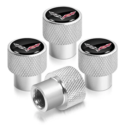 Chevrolet Corvette C7 Logo Black on Shining Silver Aluminum Tire Valve Stem Caps - Image 1 of 4