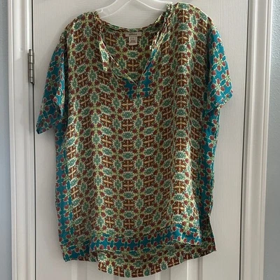 Blusa Sundance Teal Seda Rosa Floral Estampado Geométrico Mujer’s Pequeña Boho Foto 1 de 4