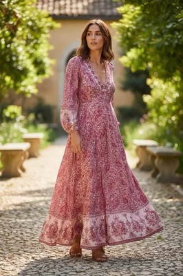 Vestido maxi mergulho Zimmerman Amari estampa paisley algodão voile vermelho EUA tamanho 4 (0) - Imagem 1 de 4