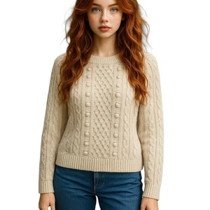 Suéter J.Crew Mujer S Crema Corderos Mezcla Lana Cable Pompón Tejido Pullover Preppy - Imagen 1 de 15