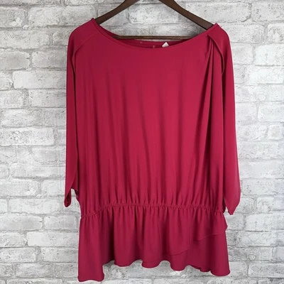 Top TAHARI Popover 3x Rosa Brillante Dobladillo Peplum Tejido Líquido Elastizado Mangas Abiertas Foto 1 de 4