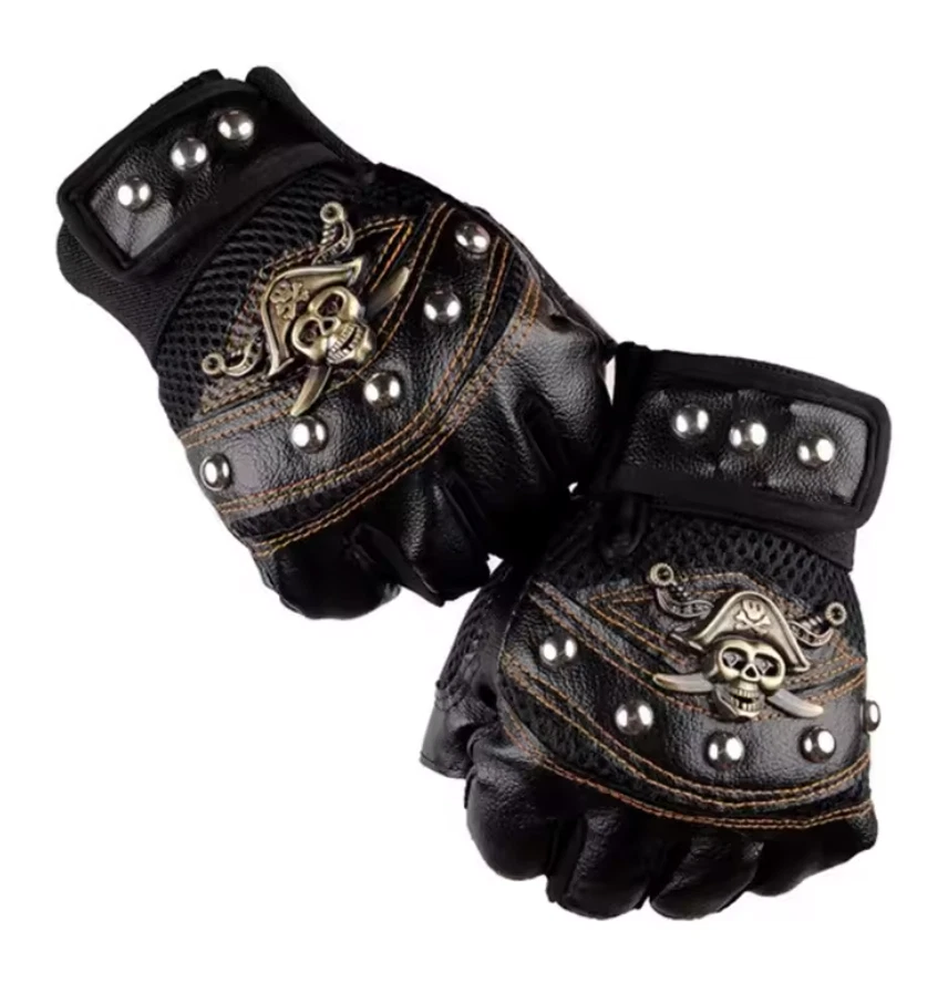 Pirate Skull Rivet Gloves  Rocker Half Finger Motorcycle Driving Caribbean (#40) - Image 1 of 4