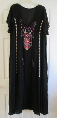 Vestido Roaman's Grande Negro Bordado Borlas Boho Midi Vestido Forrado Arrugado Foto 1 de 4