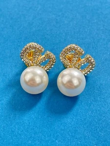 Valentino Gold Crystal V Logo Faux Pearl Drop Earrings - Picture 1 of 5