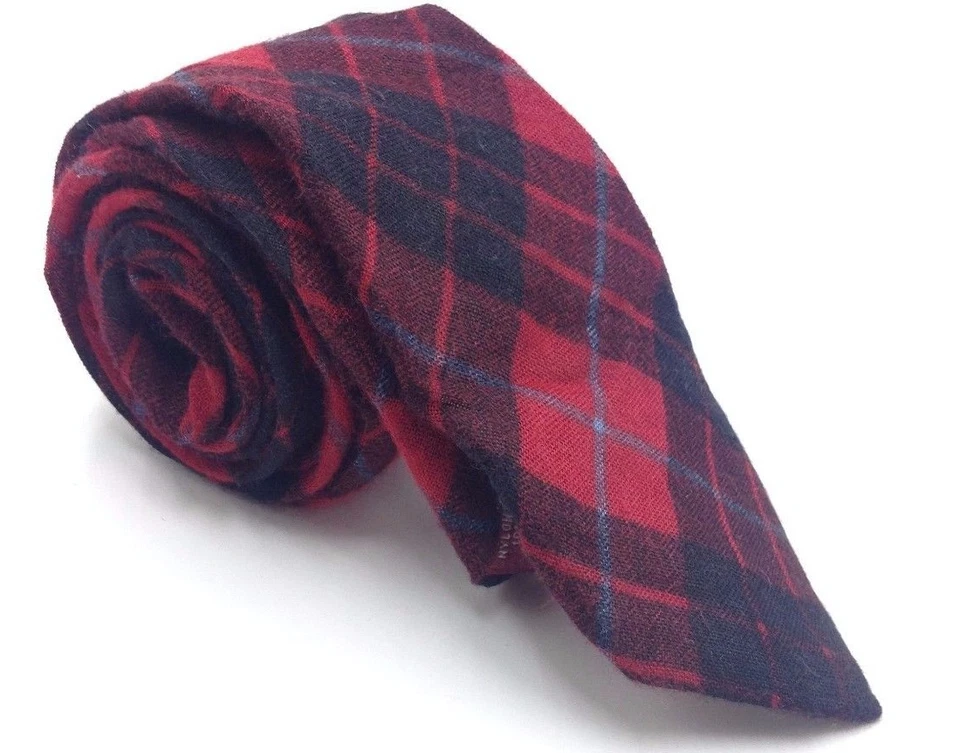 $125 Penguin Men Plaid Red Black Blue Cotton Tie Classic Skinny Necktie 60x2.25 - Image 1 of 4