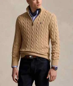 $148 Polo Ralph Lauren Hombre Tejido con Cable Algodón Cuarto Cremallera Suéter Camel Talla XL - Imagen 1 de 9