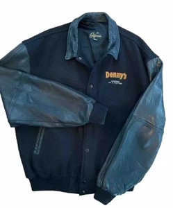 Vntg XL Denny's Restaurant Blk Wool Leather Varsity Jacket Advertise CALIFORNIA - Picture 1 of 13