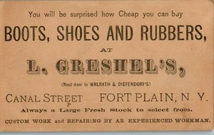 L. Greshel's, Canal Street, Fort Plain, NY Victorian Advertising Card SB1 - Picture 1 of 2