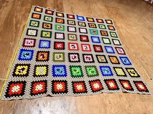 Vintage Crochet Afghan Blanket Throw Granny Squares Cottage Brown colorful 70s - Picture 1 of 7