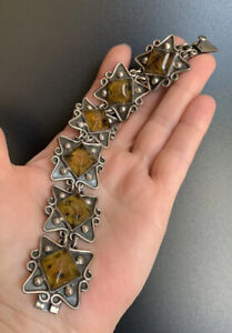 Heavy, Vintage 1960's, Solid Sterling Silver & Green Amber Bracelet. Mexico. 49g