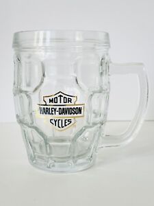 Vintage Harley Davidson Motor Cycle Clear Glass Beer Mug Stein Black Gold Logo